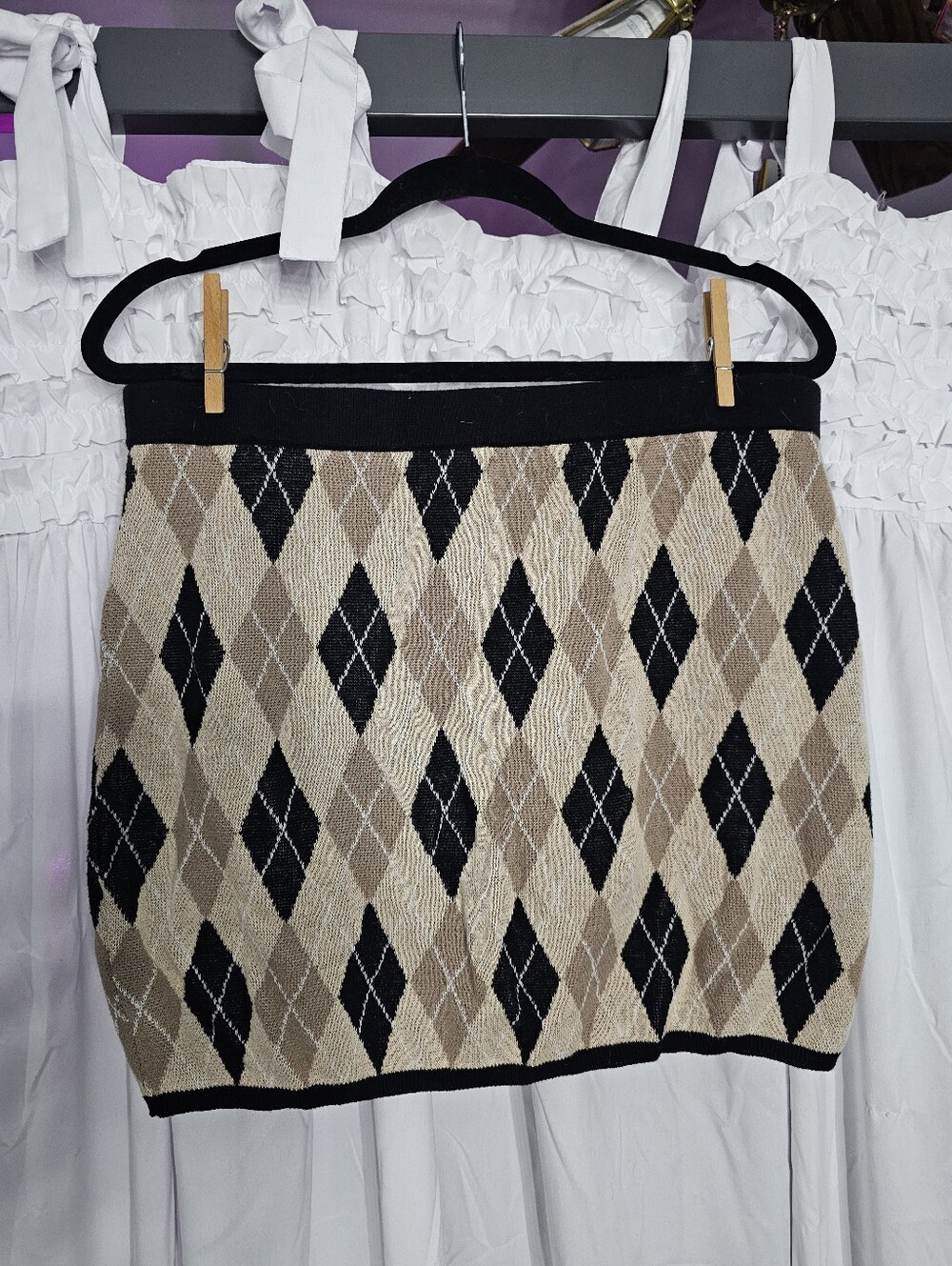 Current Mood Beige and Black Argyle Knit Mini Skirt